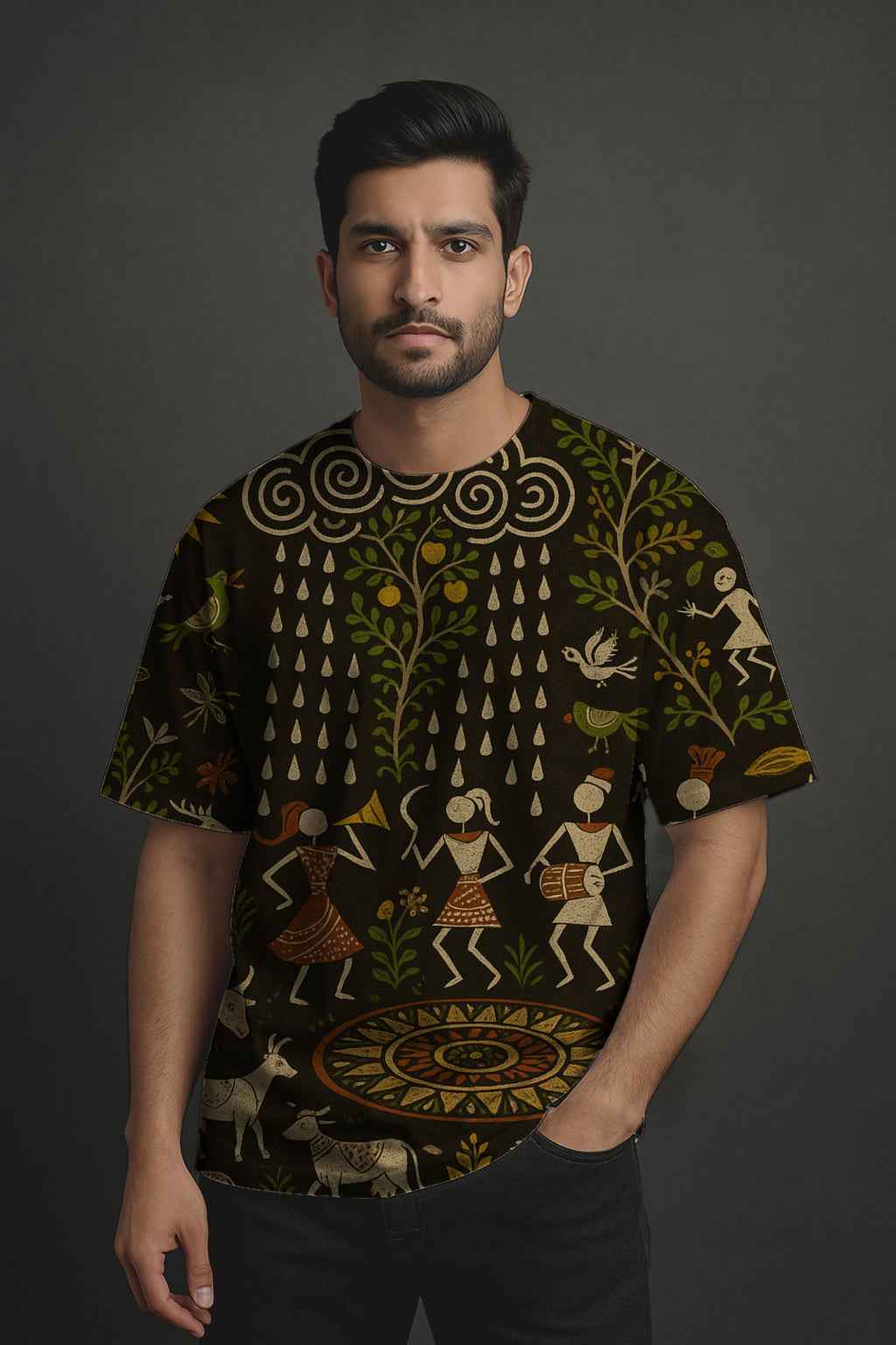 Unisex Oversized T-Shirt with Warli Art AOP Design