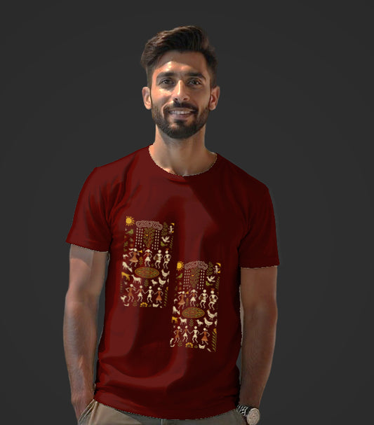 Unisex Classic Crew T-Shirt Featuring a Unique Blend of Warli Art and Saura Art