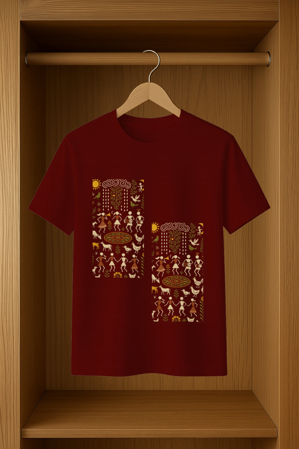 Unisex Classic Crew T-Shirt Featuring a Unique Blend of Warli Art and Saura Art