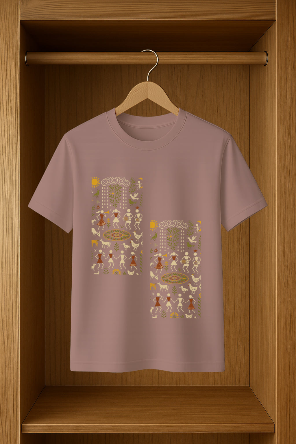 Unisex Classic Crew T-Shirt Featuring a Unique Blend of Warli Art and Saura Art
