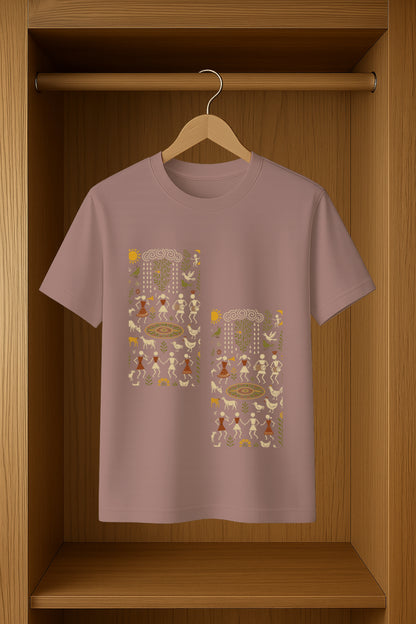 Unisex Classic Crew T-Shirt Featuring a Unique Blend of Warli Art and Saura Art