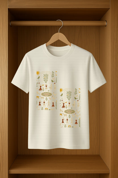 Unisex Classic Crew T-Shirt Featuring a Unique Blend of Warli Art and Saura Art