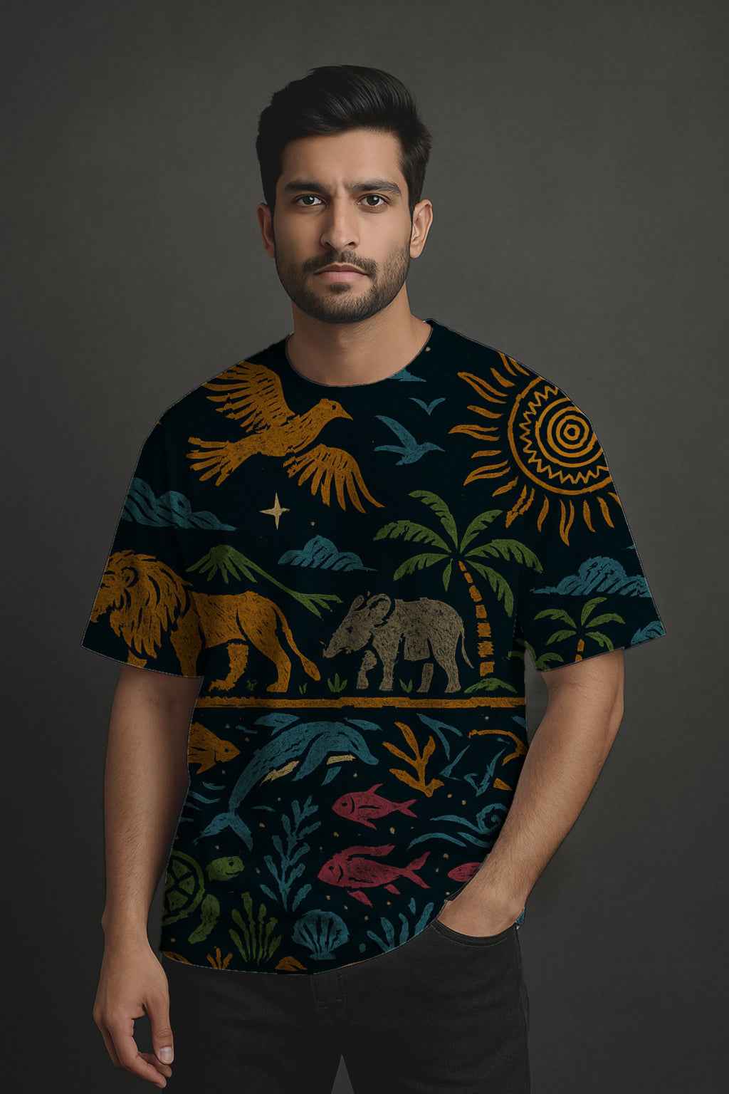 Bhav Sutra Bold Animals Print Black Graphic T-Shirt - Tropical Forest Design