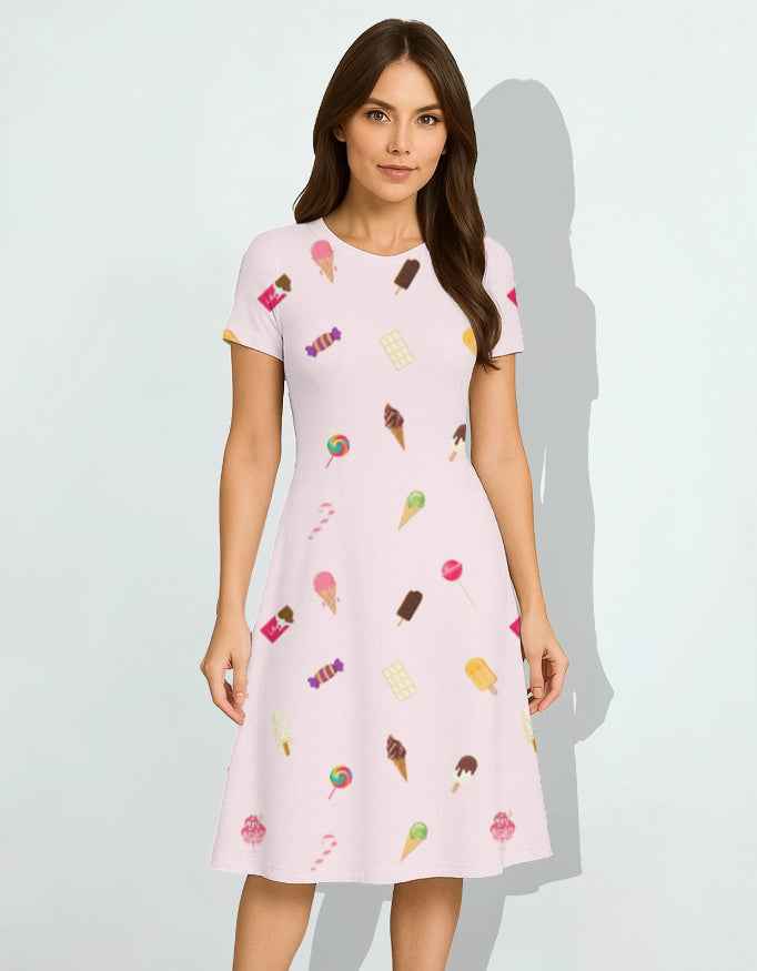 AOP A Line Dress with Ice Cream and Candy Print
