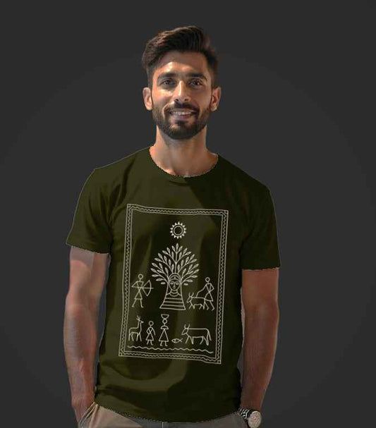 Bhav Sutra Men’s T-Shirt Featuring Unique Saura Art Design