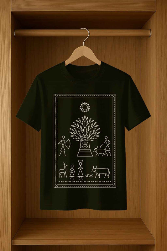 Bhav Sutra Men’s T-Shirt Featuring Unique Saura Art Design