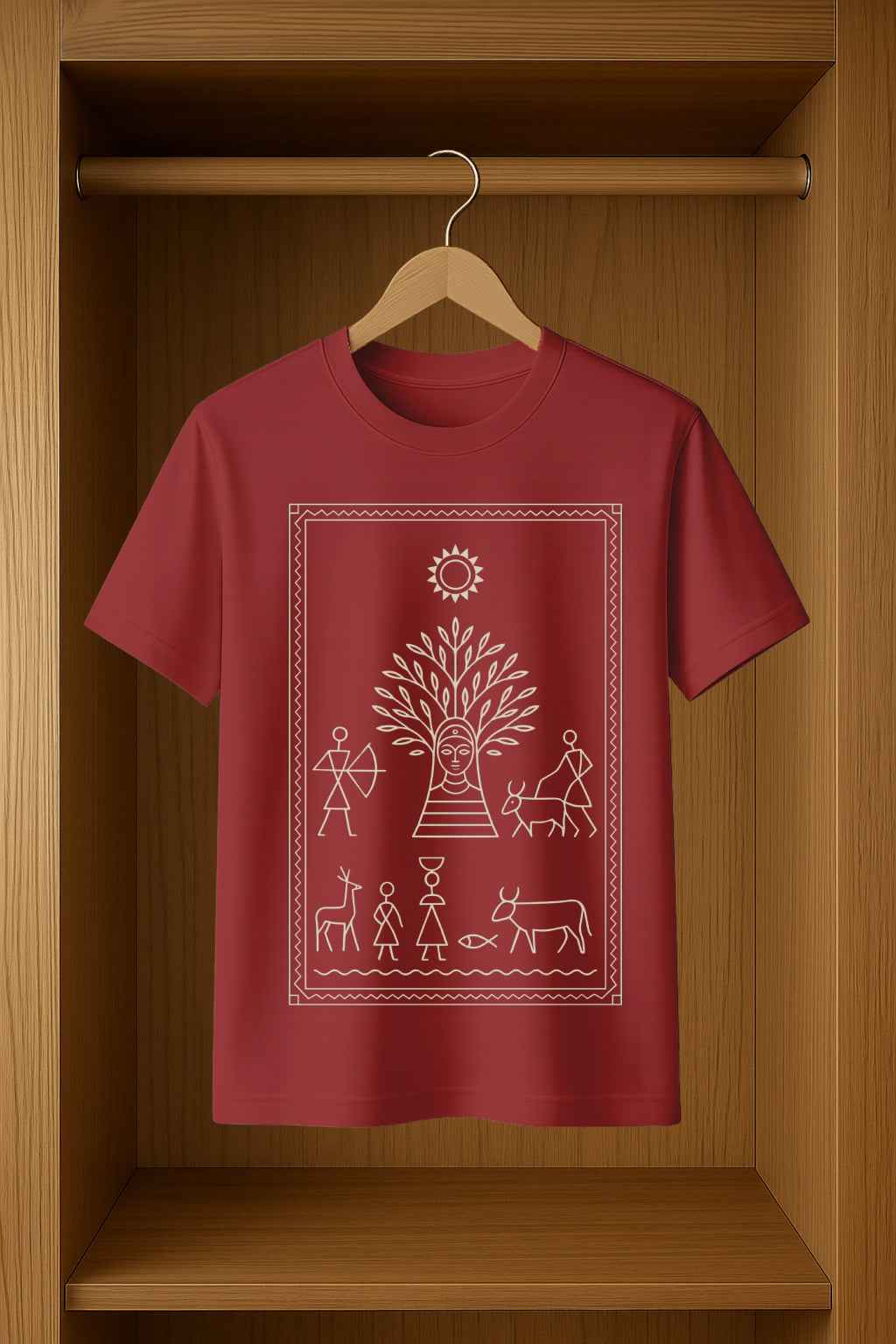 Bhav Sutra Men’s T-Shirt Featuring Unique Saura Art Design