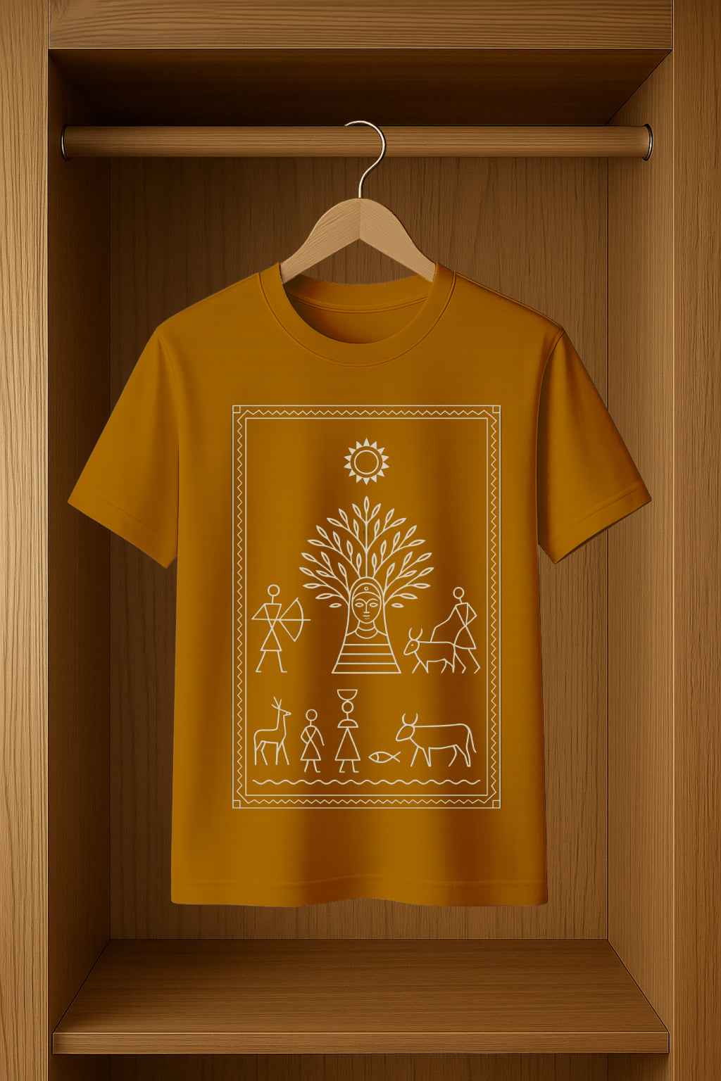 Bhav Sutra Men’s T-Shirt Featuring Unique Saura Art Design